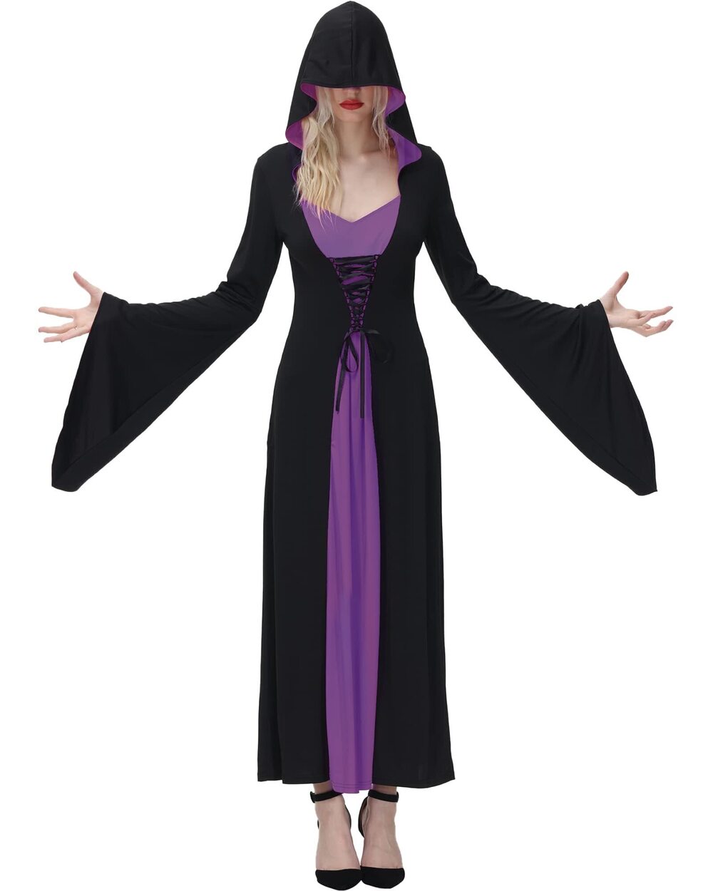 3162 Hooded Medieval Dress, Cosplay Black Witch Festival Costume, Purple L